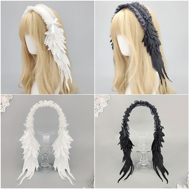 Dark Gothic Lolita Hair Accessories Angel Wings Lace Trim Headwear Lolita Wings Headband