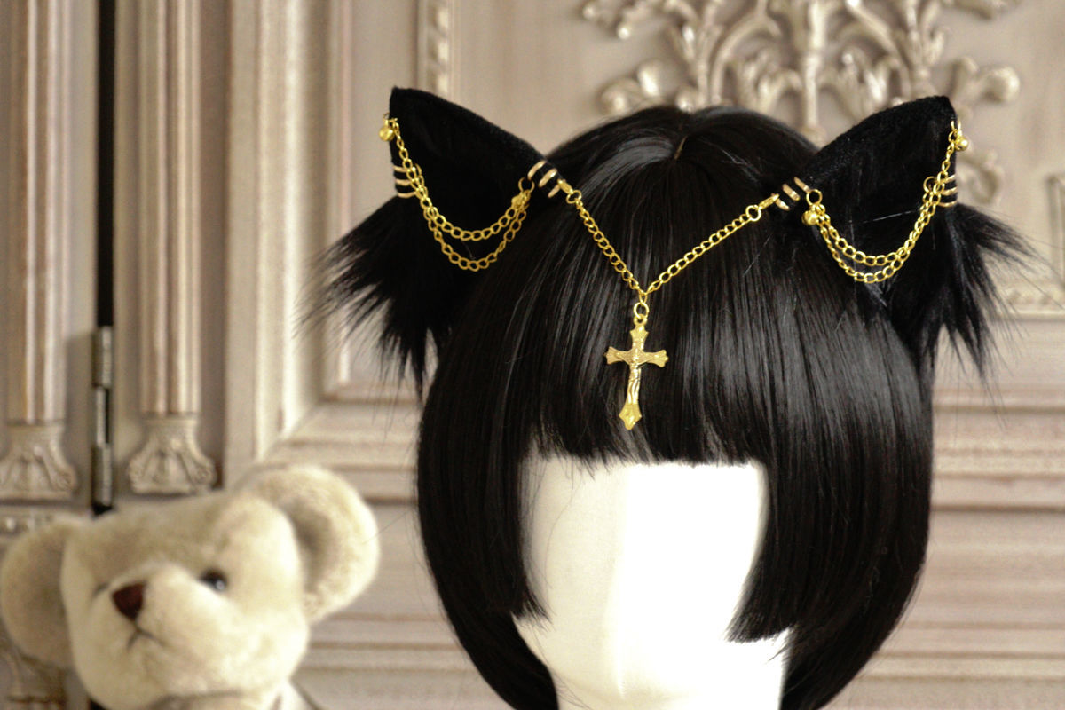 Original Handmade Lolita Chain Black Cat Ear Gothic Style Exotic Beast Ear Hair Clip Cosplay Comic Exhibition