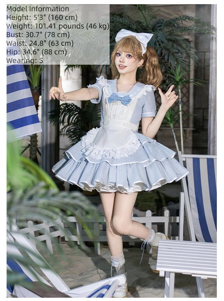 With PUJI - Seven-Day Bell - Blue Classic Lolita Striped OP Dress, Sailor Collar