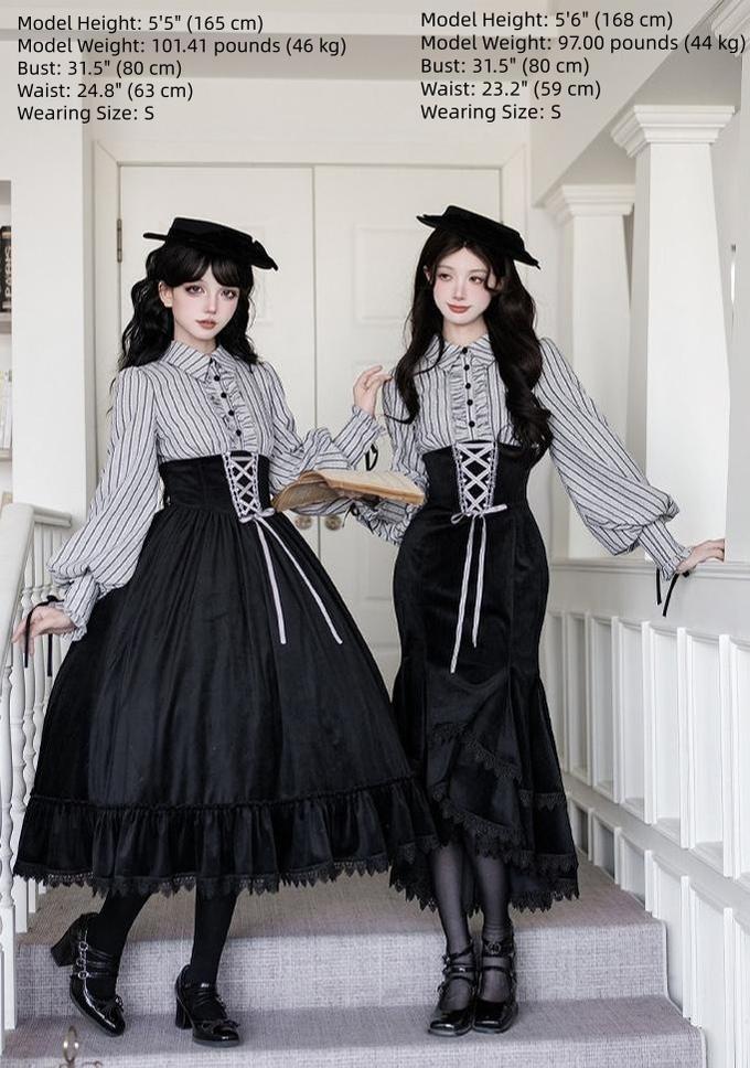 With PUJI - Dusk Moment - Classic Lolita Striped OP & Mermaid Dress Set, Fishbone Waist