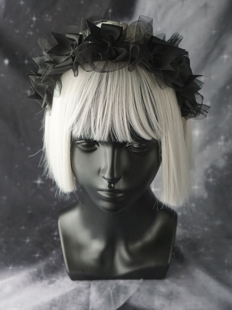 Black gothic Lolita headband with dark punk lace and organza, featuring a handmade design for gothic girl hair accessories.