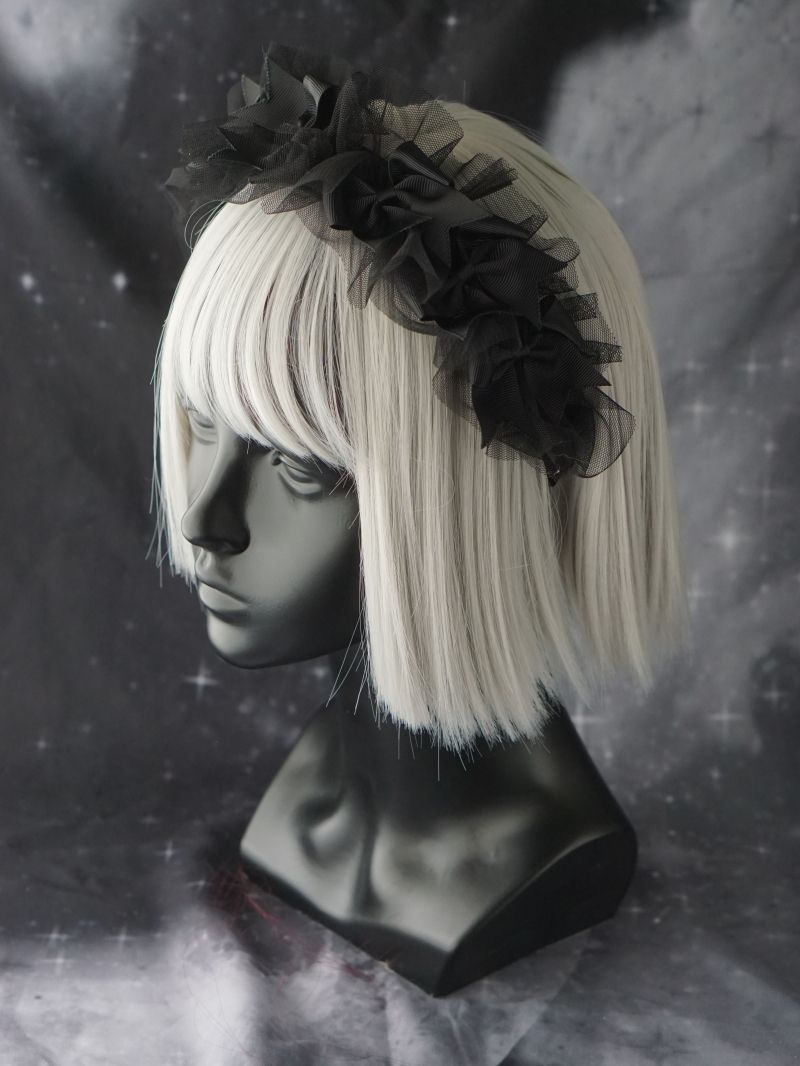 Black Gothic Lolita headband with dark punk lace and organza, featuring intricate design for stylish goth or lolita fashion.