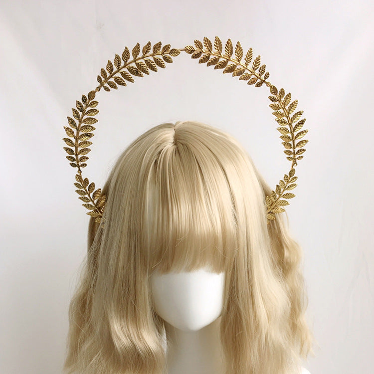 Lolita Virgin Mary Halo Headband Wheat Cross Feather Church Pope Gold Hair Accessory Catwalk Photo Prop