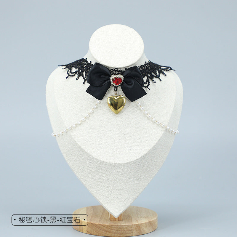 Cute Girl Costume Lace Choker Metal Heart Collarbone Chain Small Accessories Necklace Lolita Neckband - Lolita Fetch