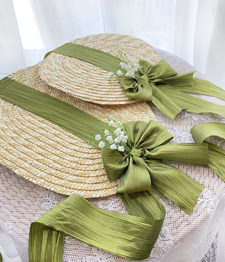 French Country Lolita Handmade Lily of the Valley Forest Style Bowknot Bnt Flat Hat Straw Hat Photo Shoot Catwalk Cla - Lolita Fetch