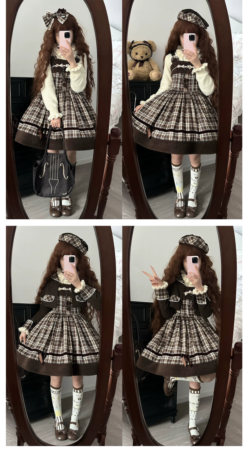 Brown plaid Cat Tea JSK, actual styling views with and without the matching jacket