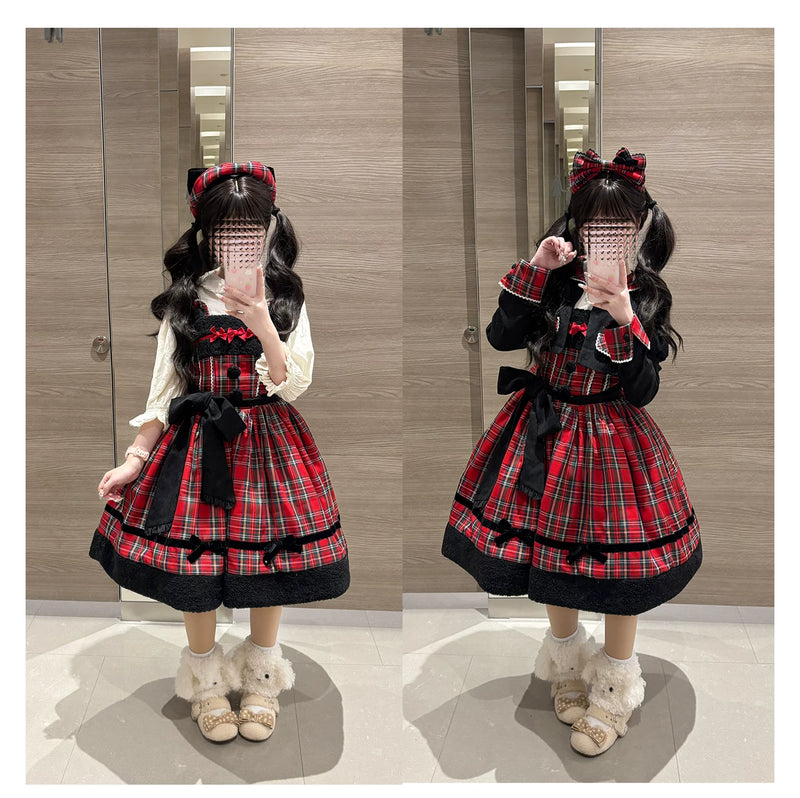Red plaid Cat Tea JSK, actual full views with and without the matching jacket