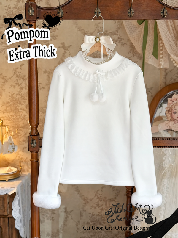 Cat Upon Cat white Pompom fleece-lined Lolita top with lace collar and plush cuffs