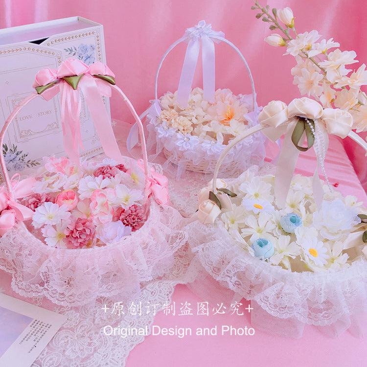 Lolita Rattan Picnic Basket Bow Lace Flower Basket CLA Flower Basket Ins Picnic Basket
