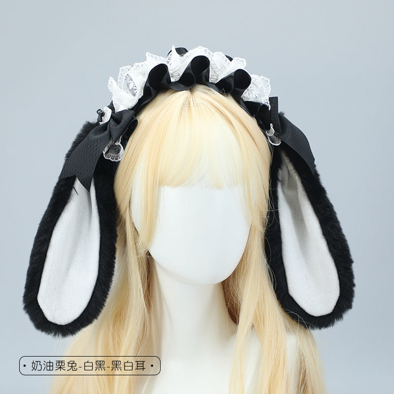 Cute Plush Lace Ribbon Lolita Headband Comic Con Cosplay Prop Realistic Rabbit Ear Hair Accessory Headband - Lolita Fetch