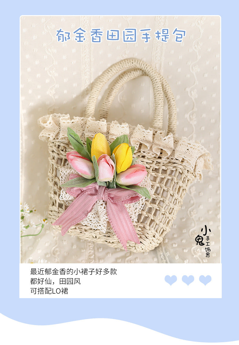 Elegant Lolita straw handbag with tulip lace, bowknot detail, and eclectic design by LolitaFetch.