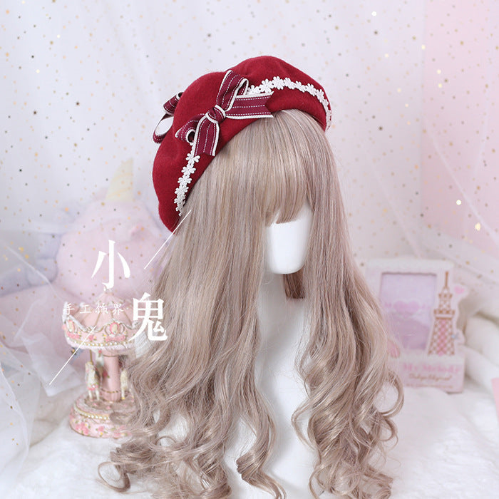 Lolita Pancake Beret - Sweet Cute Woolen Hat with Daisy Bow for Girls