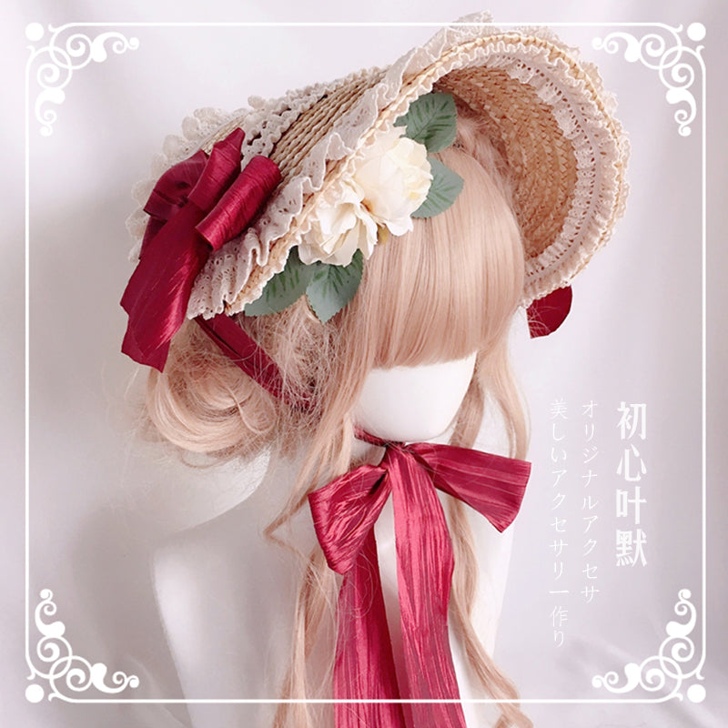 Multicolor Bonnet Straw Hat Flat Hat Lolita Original Handmade Pastoral Style Elegant French BNT Hat - Lolita Fetch
