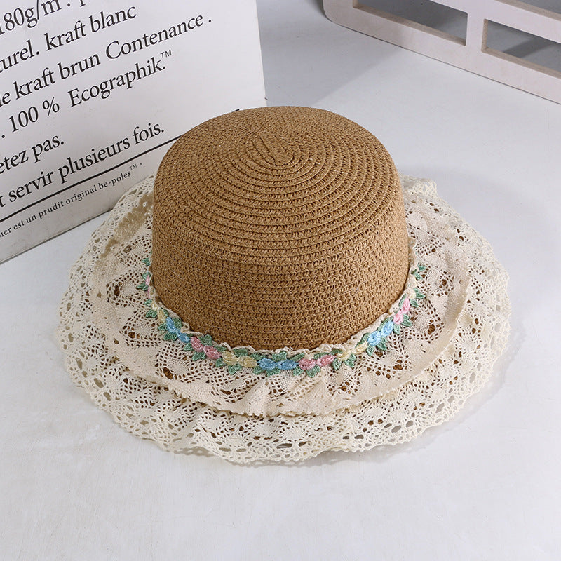 French Lolita Lace Trim Straw Hat for Women Summer Wide Brim Flat Top Sun Hat Beach Sunshade