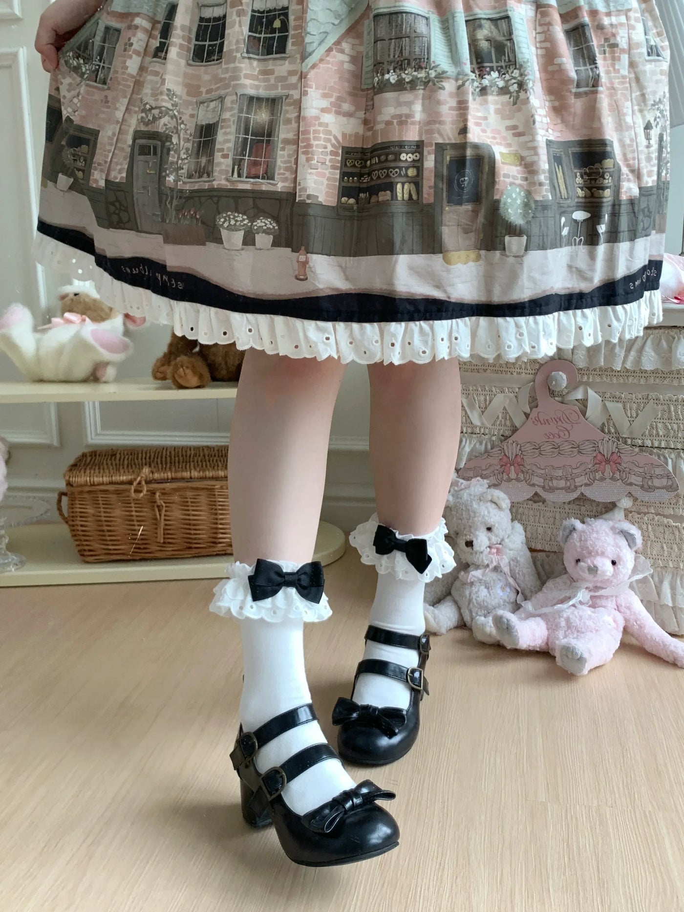 Roji Roji - Cotton Classic Lolita Calf Socks - Double Layer Trim & Bow Socks