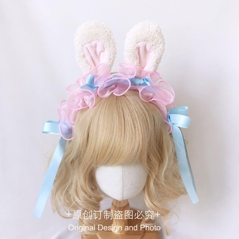 Lolita Handmade Ribbon Bunny KC Sweet Cute Bowknot Bunny Ear Headband Lolita Ruffled Hair Accessory Headwear