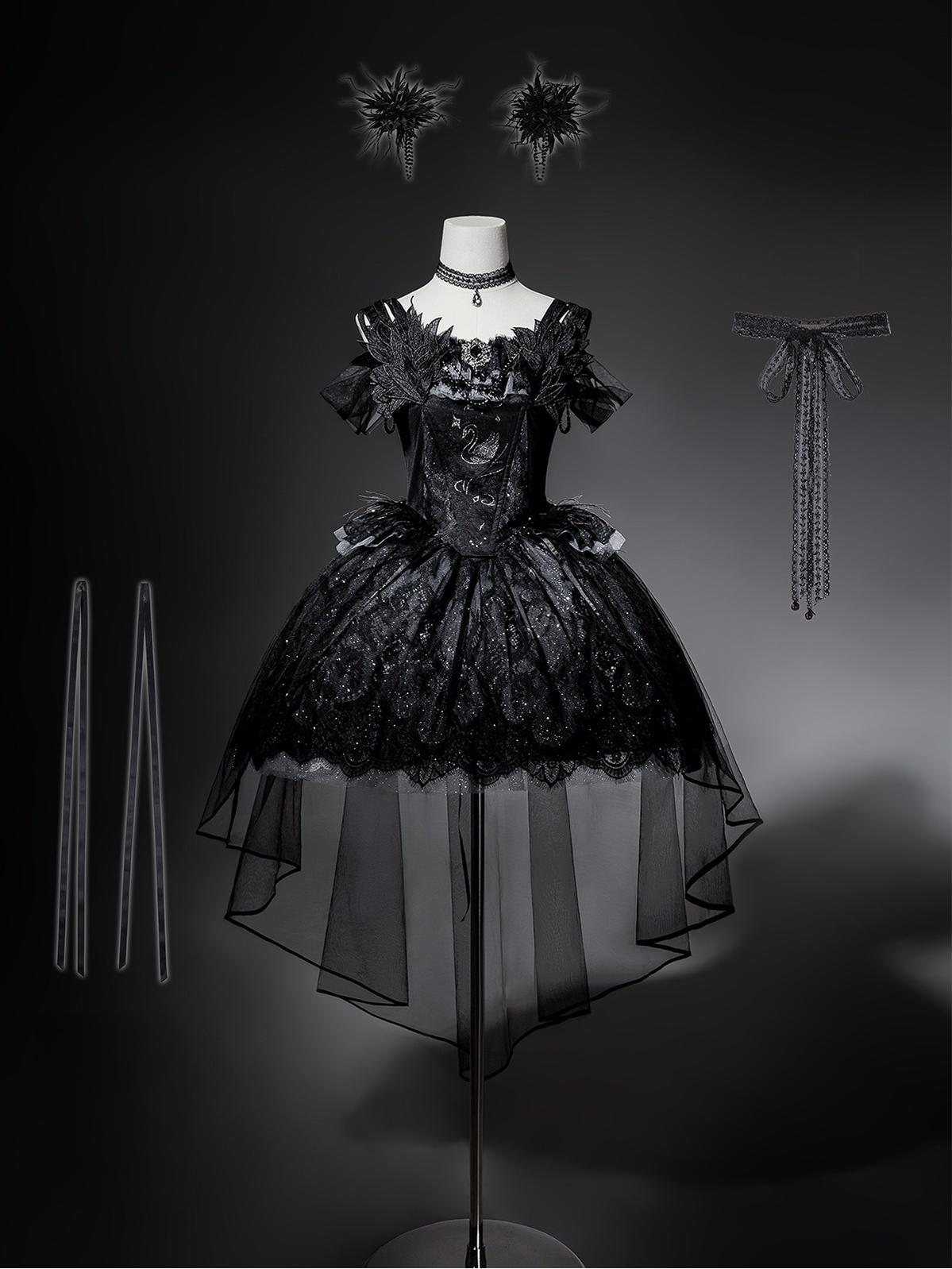 Your Princess - Star Swan Dream - Black Gothic Lolita JSK Dress, Swan Embroidery