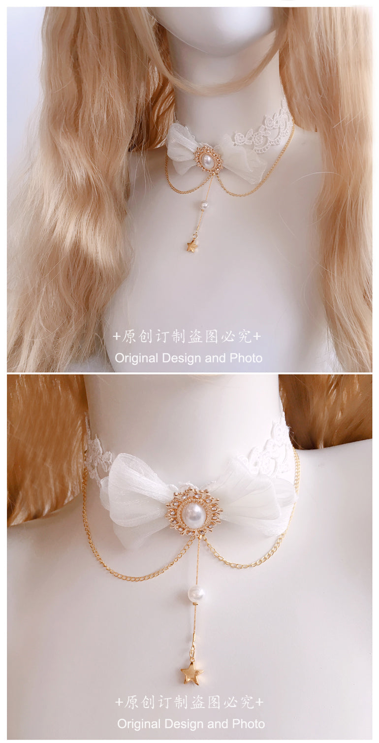 Soft Girl Lolita Necklace Daily Lace Pearl Water Drop Star Pendant Choker Accessories Small Items