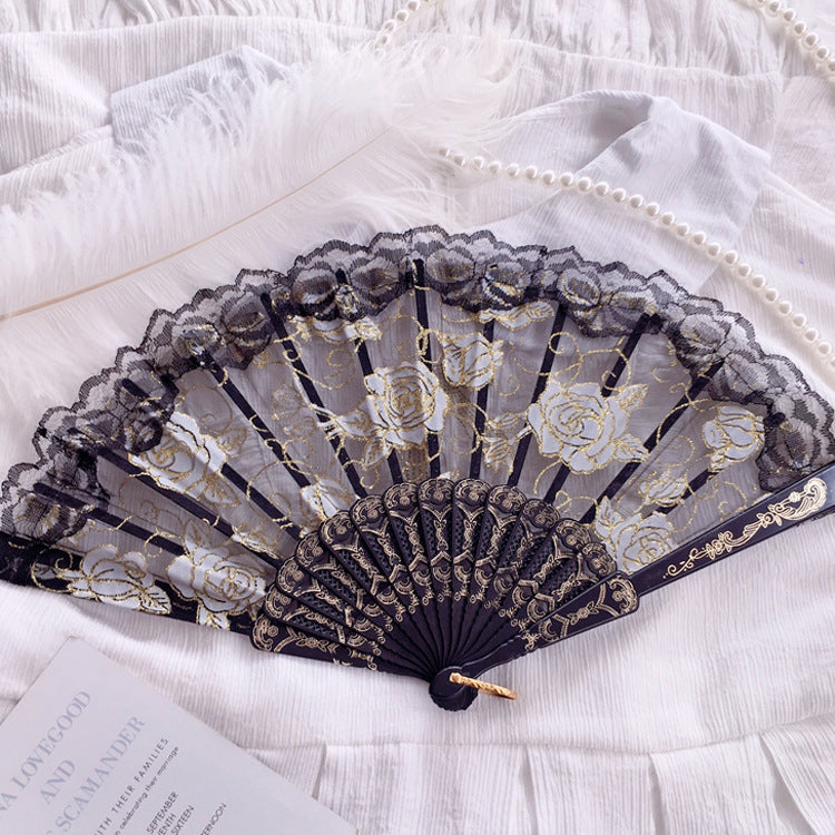 Gothic Style Lolita Lace Dress - Black Gold & White Gold Cross Rose Design with Folding Fan Photo Prop