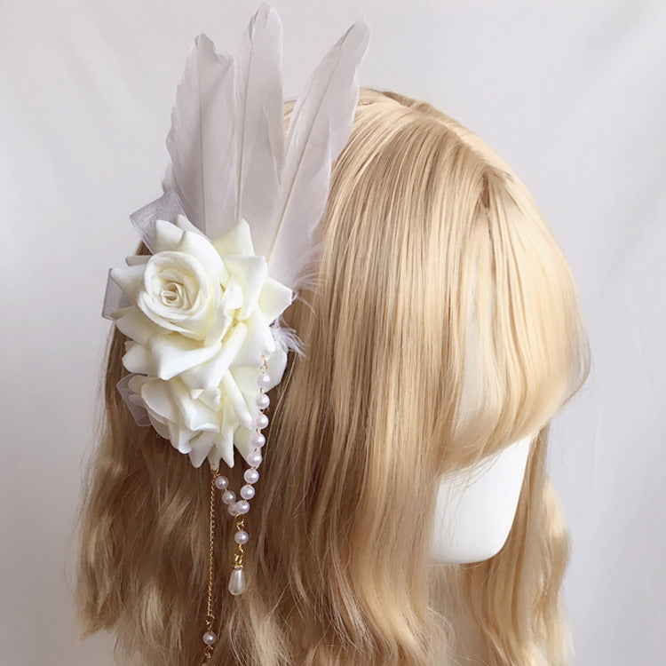 Lolita Gothic Bridal KC Hair Accessories Hair Clip Lace Rose Feather Black and White Two Colors