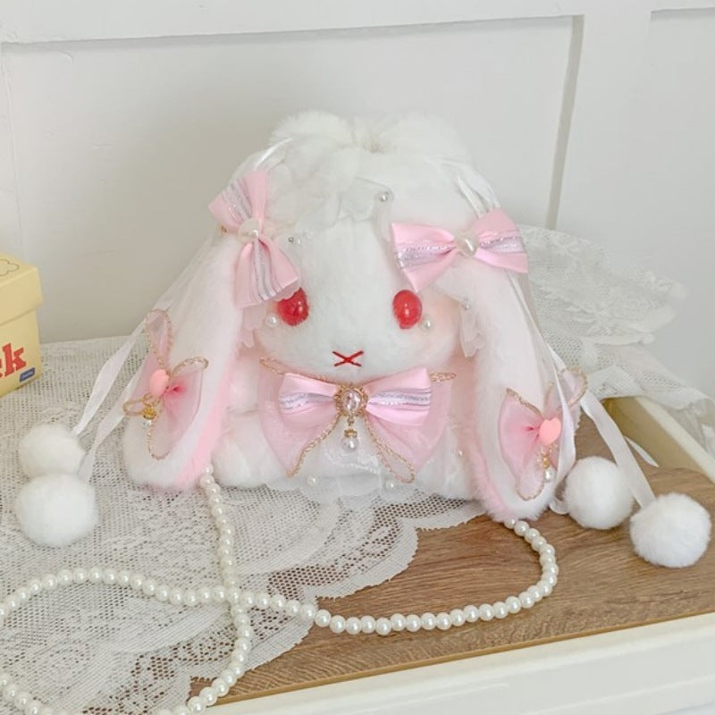 Lop-Eared Bunny Lolita Pearl Chain Doll Bag – 2025 Cute Bow Plush Shoulder Bag
