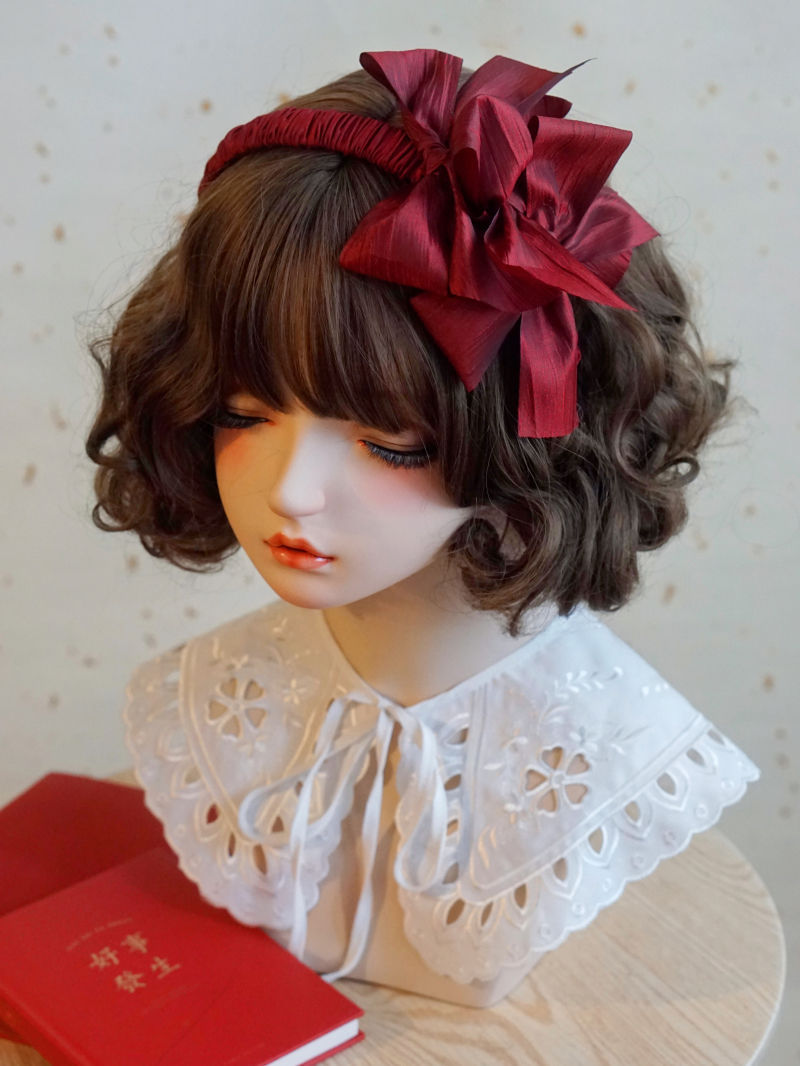 Wine red handmade bow hairband from LolitaFetch featuring ruched fabric, perfect for Lolita fashion and special New Year looks.