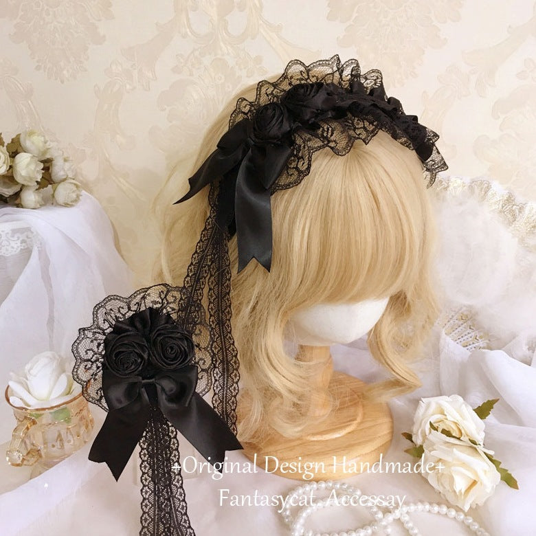 Lolita Vintage Girl Handmade Elegant Retro Black Flower Hair Clip Headband - Dark Hair Accessory