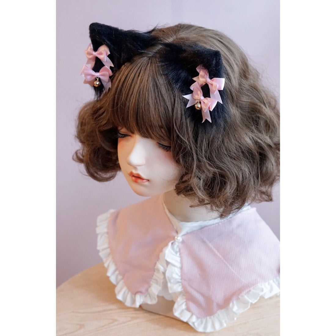 Original Handmade Faux Fur Plush Cat Ear Animal Ear Bow Hair Clip Side Clip Black Pink Japanese Lolita