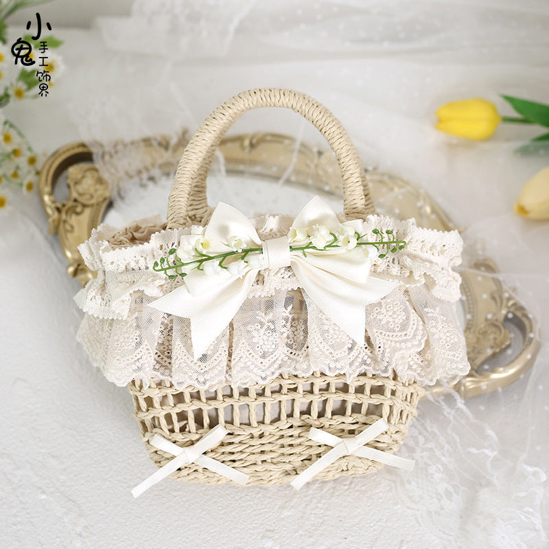 Original Lolita Mori Style Lily of the Valley Lace Beach Pastoral Straw Bag Rattan Bag Handheld Woven Bag Crossbody Bag