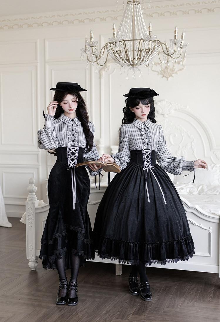 With PUJI - Dusk Moment - Classic Lolita Striped OP & Mermaid Dress Set, Fishbone Waist