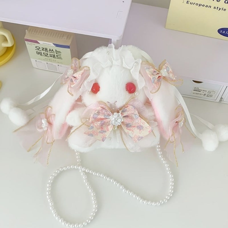 Lop-Eared Bunny Lolita Pearl Chain Doll Bag – 2025 Cute Bow Plush Shoulder Bag