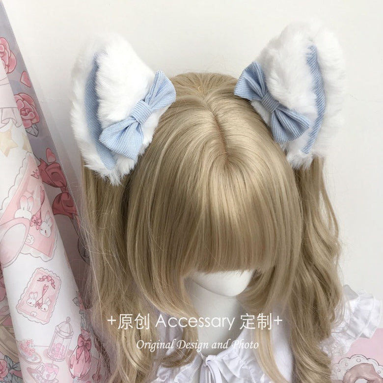 Lolita Large Plush Pink Blue Bow Cat Ear Hair Clip Anime Lolita Animal Ear Hairpin