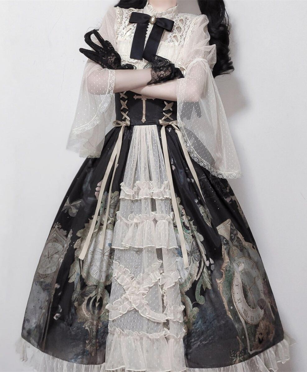 Your Princess - Clock Butterfly - Gothic Lolita Printed Blouse and Corset Skirt Set