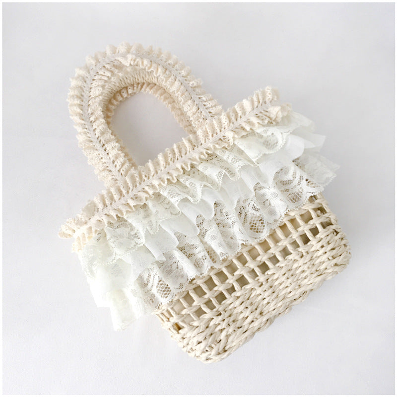 Straw Handbag Original Handmade Lolita French Pastoral Style Lace Edge Soft Girl Mori Beach Woven Bag for Women