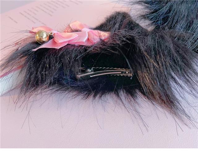Black and pink handmade faux fur cat ear plush hair clip with bow, LolitaFetch headdress featuring animal ear design.