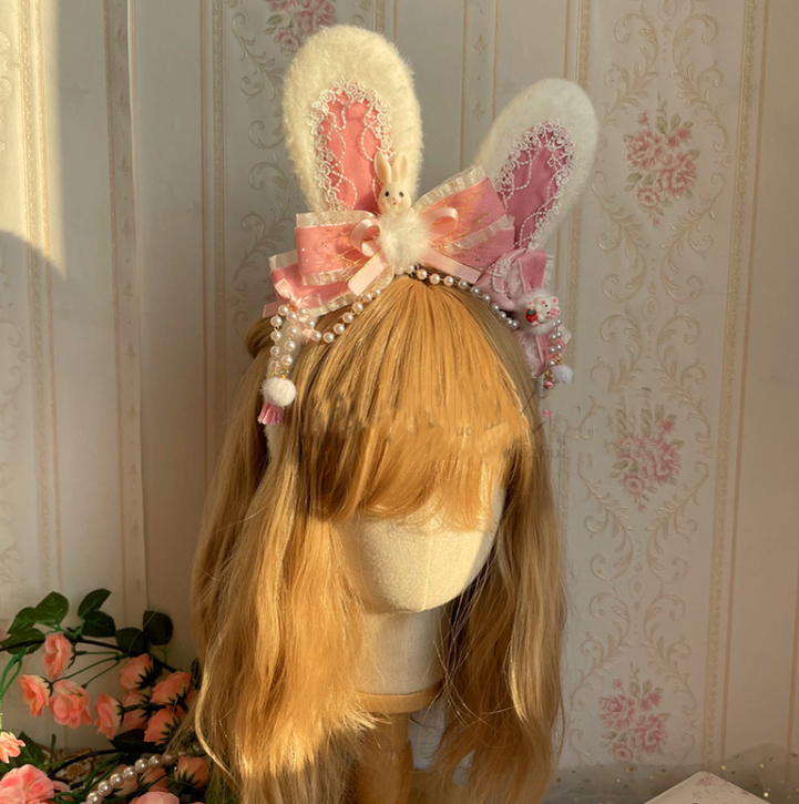 Luoluo Decoration - Han Lolita Rabbit Ears - Light Pink Head Accessory with Bow and Beaded Chain - product detail 11