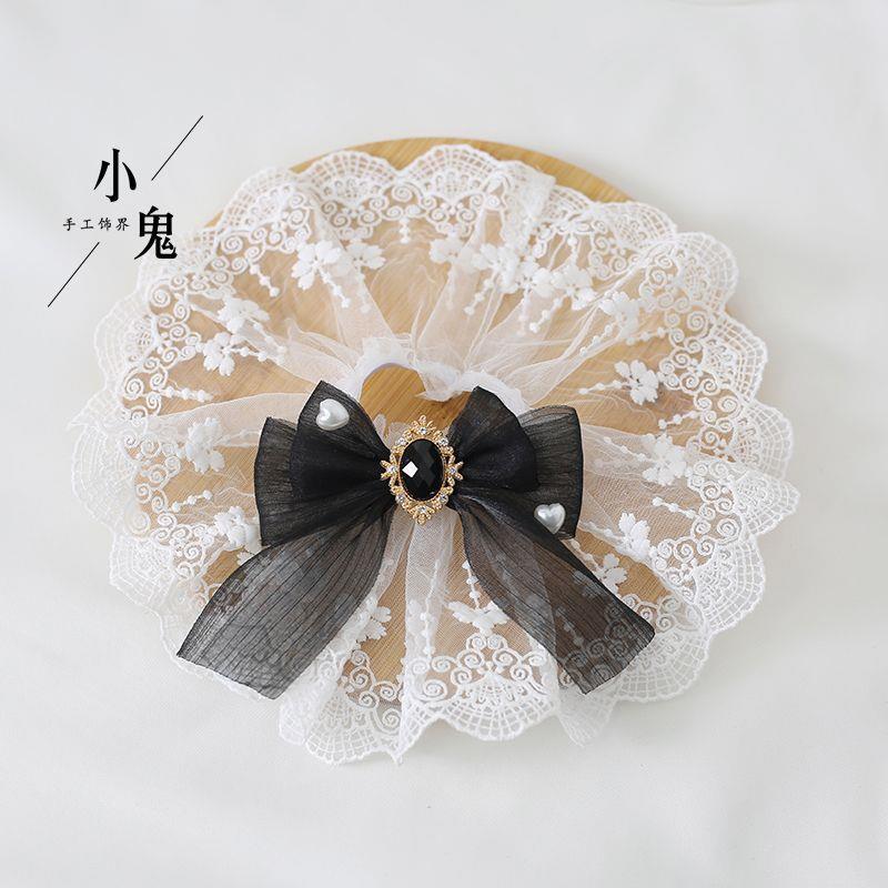 Multicolor lace Lolita hair accessories featuring dark red tulle bows, hand sleeves, and bracelet from LolitaFetch.