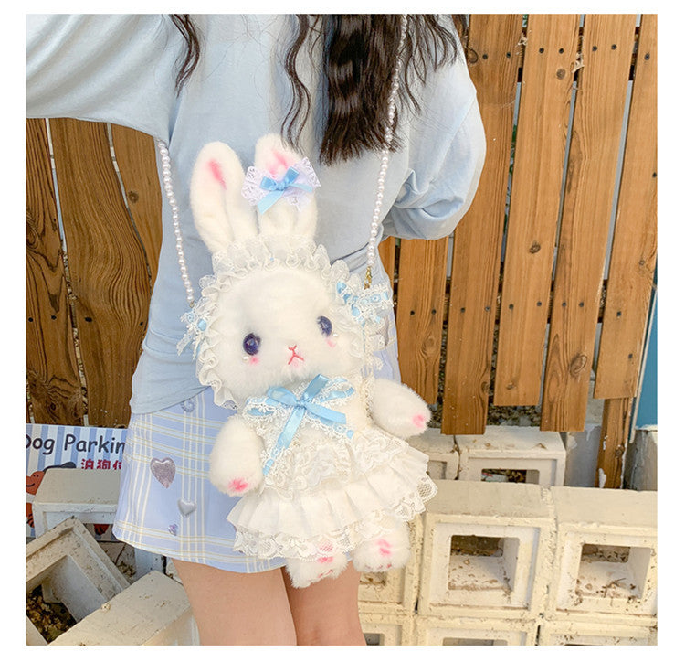 Lop-Eared Bunny Lolita Pearl Chain Doll Bag – 2025 Cute Bow Plush Shoulder Bag