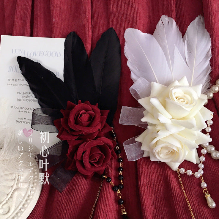 Lolita Gothic Bridal KC Hair Accessories Hair Clip Lace Rose Feather Black and White Two Colors - Lolita Fetch