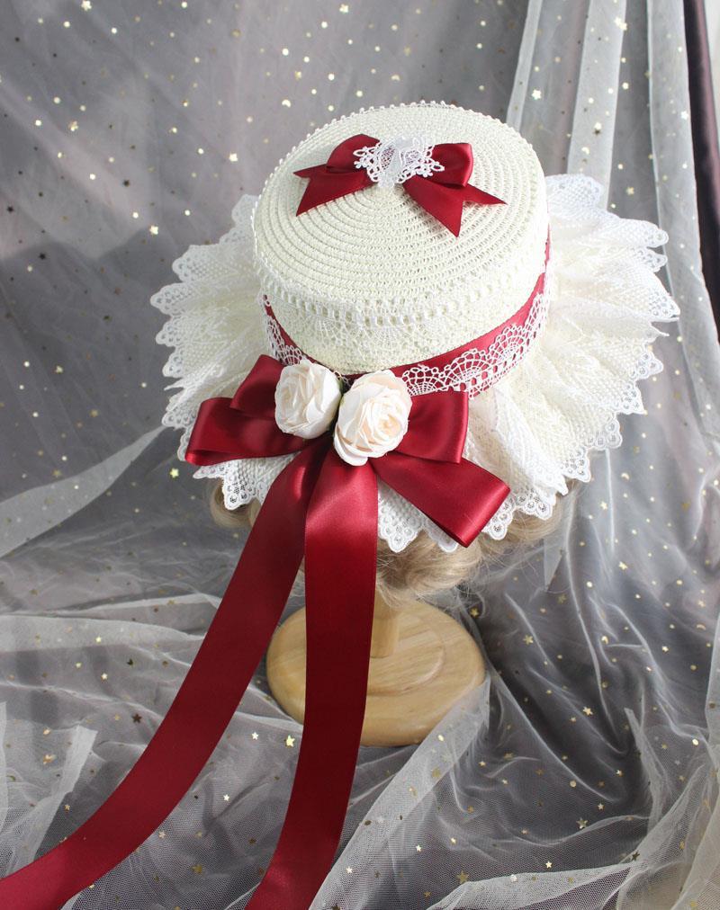 Lolita Straw Hat Mori Style Sweet Bowknot French Girl Flower Sun Hat Lolita Flat Top Hat Straw Hat