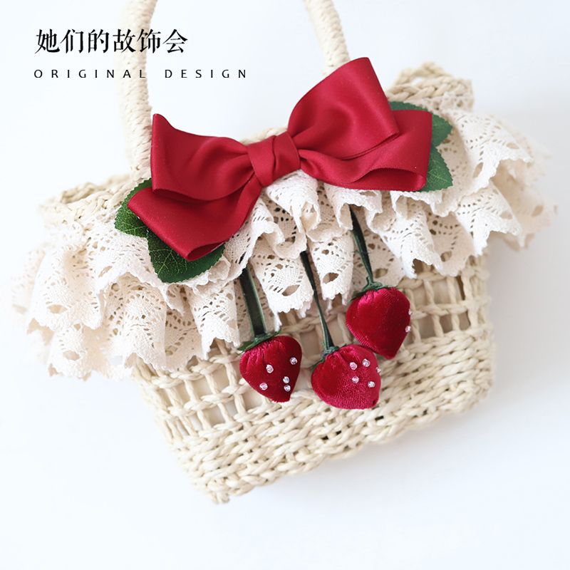Lolita Bag for Women 2022 New Strawberry Flower on the Hill Handmade Small Item Lolita Spring Outing Straw Bag - Lolita Fetch