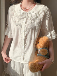 Lan Jian Chuan - Princess Lace - Cotton Blouse with Ribbon Bows - Short Sleeve White / S