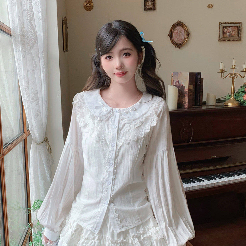 Lan Jian Chuan Princess Lace blouse - Long Sleeve White