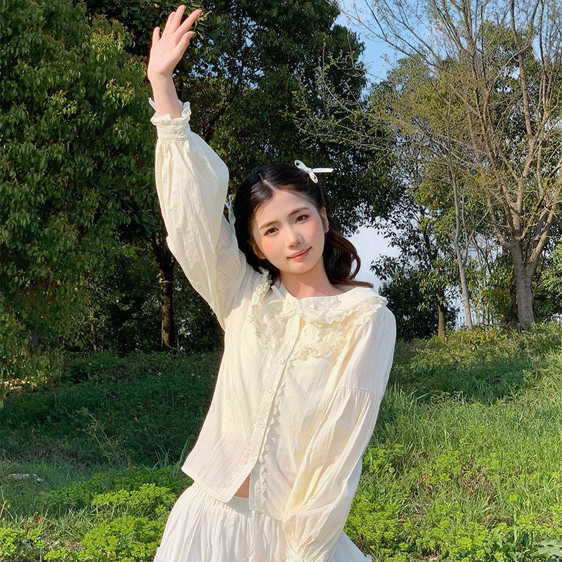 Lan Jian Chuan Princess Lace blouse - Long Sleeve Pale Yellow