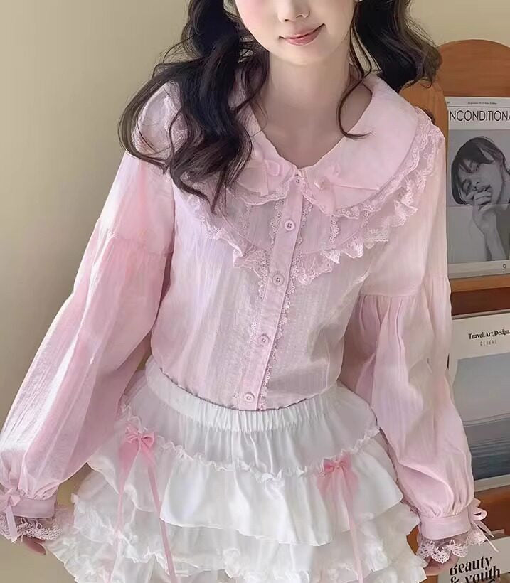 Lan Jian Chuan Princess Lace blouse - Long Sleeve Pink
