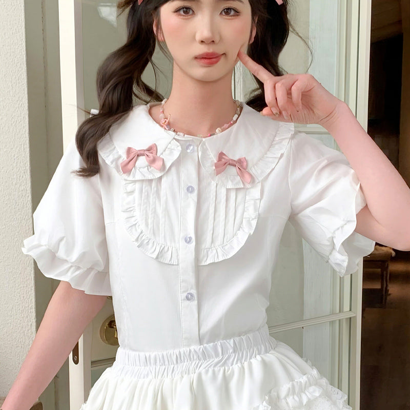Lan Jian Chuan Princess Lace blouse - Short Sleeve Blouse with Pink Bows (New Design)