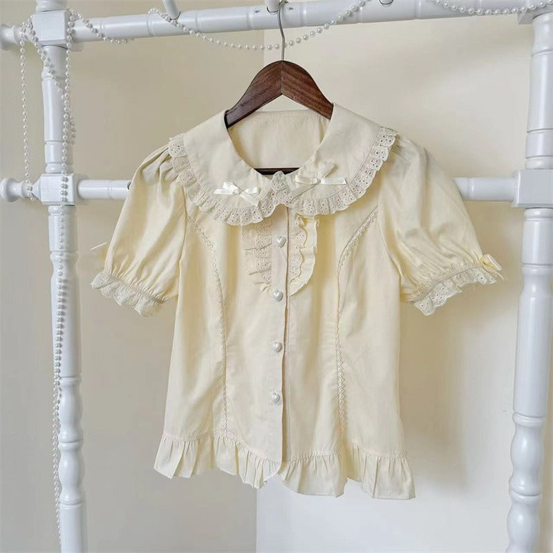 Jia You Mao Jiang Ruffled Hem blouse - Pale Apricot - Short Sleeve - Recommended Version
