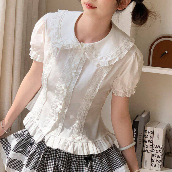 Lan Jian Chuan Ribbon Row blouse - Short Sleeve White