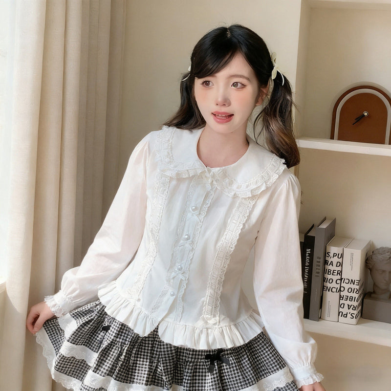 Lan Jian Chuan Ribbon Row blouse - Long Sleeve White