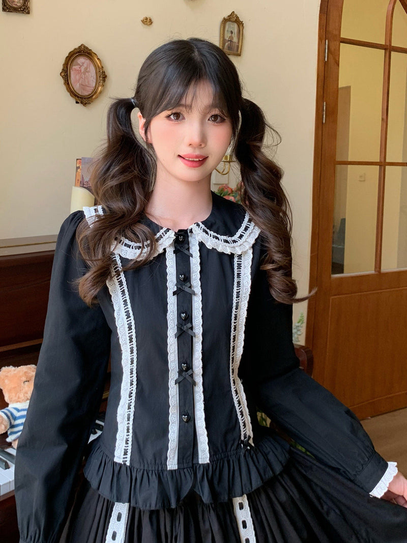 Lan Jian Chuan Ribbon Row blouse - Long Sleeve Black